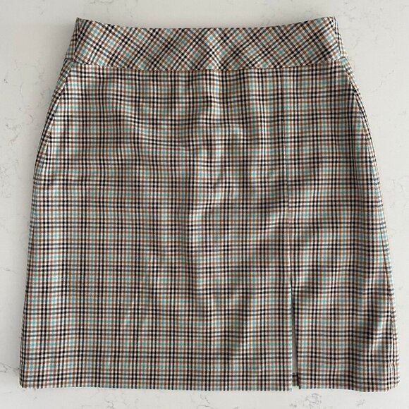 RW&CO. Stretch Lining Plaid Mini Skirt w Front Slit Turquoise Blue Blk Tan Sz 2 - Picture 10 of 10